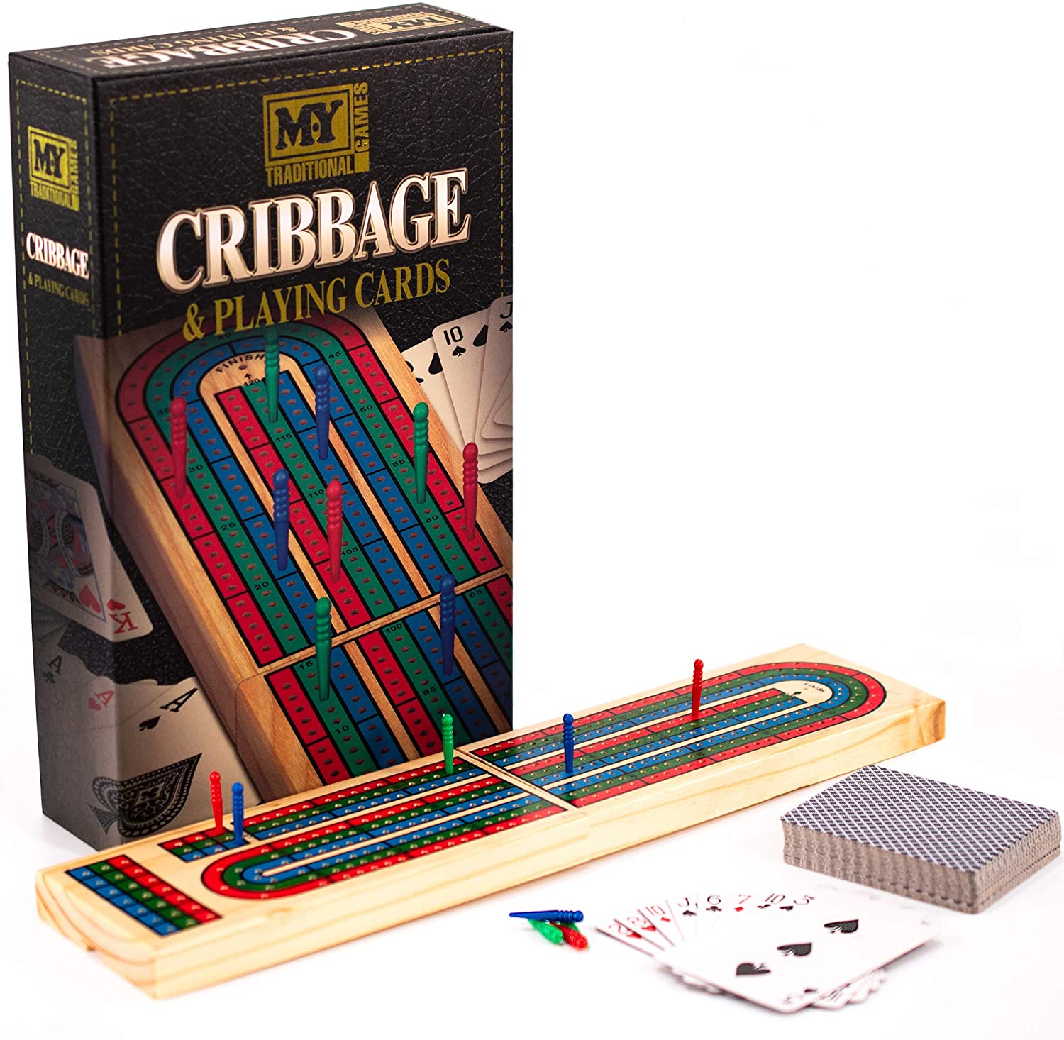 Wooden Cribbage Board & Playing Cards Traditional Card Game Set Games 